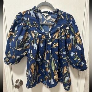 Entro Navy Blue Floral Blouse 100% Cotton Puff Sleeve V Neck Woman’s Size Large